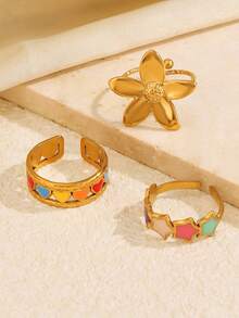 3pcs Stainless Steel Gold Color Personalized Versatile Cute Geometric Colorful Heart Flower Star Rings Set Suitable For Women Daily Holiday Date Wear - Multicolor - View 3