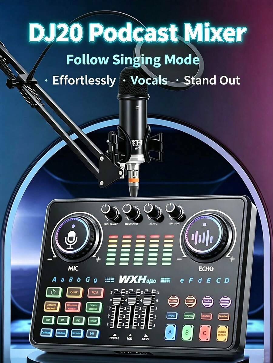Papan Suara Podcast - Papan Mixer DJ Musik XLR 48V, Dj20 | Daya Phantom 48V, Port XLR untuk Mikrofon, Antarmuka Audio Instrumen, Bluetooth, untuk Streaming , Laptop, Komputer