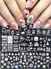 5pcs Christmas Theme Nail Art Stamping Plates, Winter Snowflake Snowman Christmas Tree Bell Gift Box Design Nail Art Templates, Reusable Stainless Steel Nail Art Tools, DIY Nail Art Printing Templates Nail Art Tools - Silver - View 4