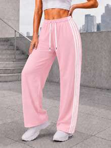 Women Wide Leg Track Pants Elastic Drawstring Waist Four Side Stripes Casual Athletic Pants For Training Daily Wear. - Pink - View 2