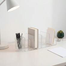 Transparent Acrylic Bookend Desktop Organizer, Student Dorm Book & Stationery Storage Box With Pen Holder Pencil Case, 4-Compartment File & Document Sorting Rack, Shelf Dividers, Desk Organiser & University Essentials, Storage Organiser, Desk Storage - Multicolor - View 5