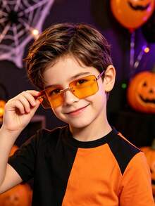 1 PC Kids 4-8Y Halloween Rimless Rectangle Fashion Glasses, Orange Lens Gold Metal Frame, For Halloween Costume Party Cosplay With Glasses Box - Multicolor - View 2