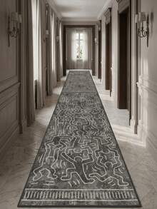 1PC Black & Grey Background With White Line Abstract Graffiti Line Pattern Modern Minimalist Art Long Rug, Abstract Street Style Faux Cashmere Long Rectangular Intertwined Asymmetrical Human Silhouette & Geometric Line Details Machine Washable Bedside Blanket, Suitable For Hallway, Corridor And Kitchen, All Season Home Decor - Multicolor - View 6