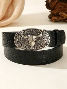 American Western Style Bull Skull Embossed Buckle Belt, Vintage Floral Pressed PU Waist Belt - A - View 1