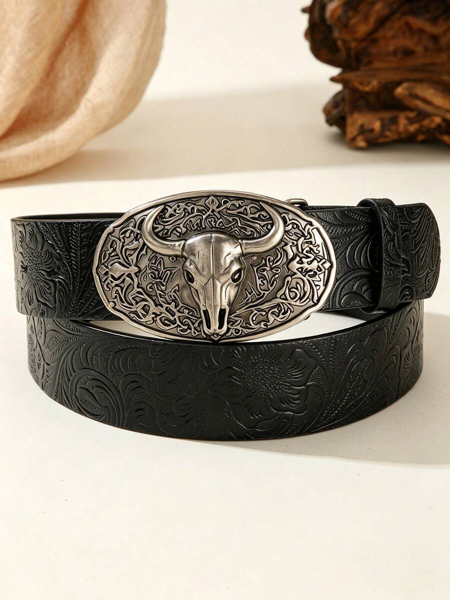 American Western Style Bull Skull Embossed Buckle Belt, Vintage Floral Pressed PU Waist Belt - A - View 1