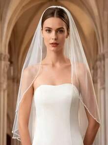 One-Tier Beaded Fingertip Length Veil With Comb, Hand-Sewn Sequins, Crystal And Pearl Edge Wedding Veil - White - View 4