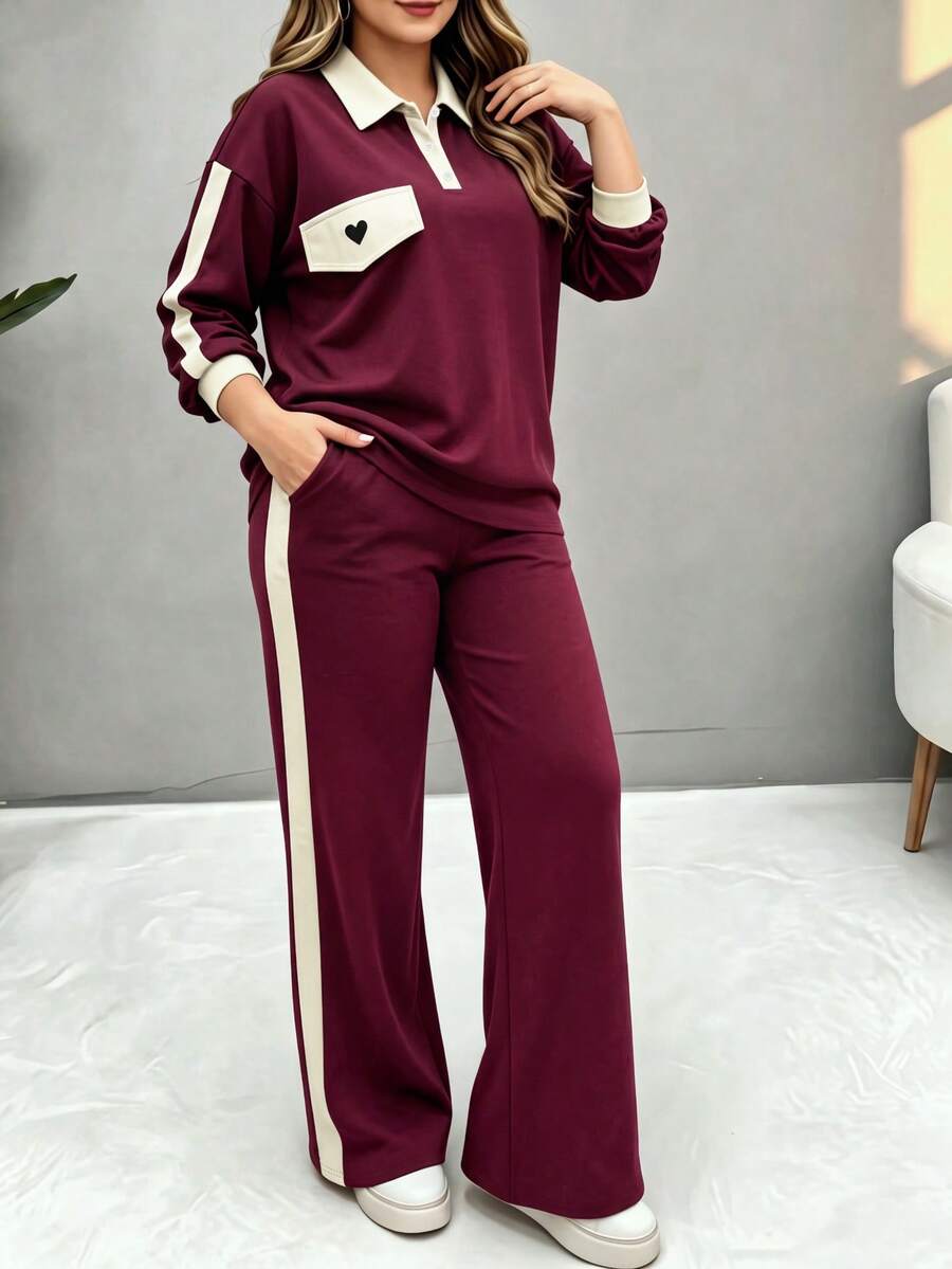 Autumn Fashion Women's New Polo Collar Long Sleeve T-Shirt & Casual Daily Elastic Waist Loose Pants 2 Pieces Set, Faux Two Pieces Colorblock Collar Burgundy Red Polo Shirt & Wide Leg Pants, Sports Commute Outfit, Suitable For Outings, Exercise, Daily Commute, Streetwear - Burgundy - View 1