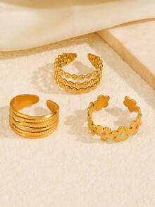 Set 3 buah cincin bunga manik-manik garis geometris gaya kasual minimalis emas stainless steel, cocok untuk wanita, pemakaian sehari-hari, liburan, kencan, dan belanja. - MultiWarna - View 5