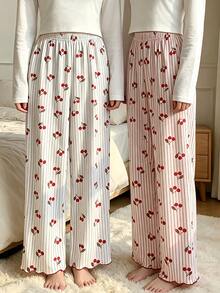 2 Pieces Of Soft And Comfortable Cherry Print Striped Sleepwear For Girls, Elastic Waist Wide Leg Pants, Cute Casual Home Wear For Spring/Autumn - Multicolor - View 4