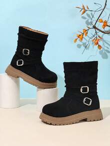 Girls' Korean Style Vintage Square Buckle Mid-Calf Boots - Black - View 5