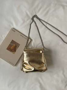 Premium Textured Metal Gold Clasp Mini Bag, Soft Pleated Chain Crossbody Evening Handbag - Gold - View 9