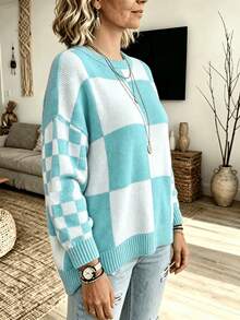 Plus Size Women Plaid Print Crew Neck Loose Casual Pullover Sweater, Autumn/Winter Fall - Mint Blue - View 4