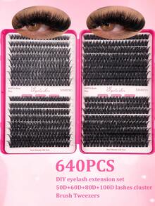 640pcs 4-In-1 False Eyelashes Set, Includes Glue, Tweezers, Lash Brush, DIY Different Eye Makeup, Portable Segmented Lash Clusters, Lashes For Daily/Cartoon/Cosplay/Classic/Cat Eye/Foxy Eye/Soft Girl/Light & Heavy Eye Makeup, Aesthetic - Black - View 13