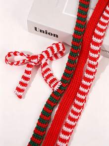 5m Red White Green Christmas Knitting Striped Knitted Ribbon, Red And White Striped Edged Unhemmed Fabric Accessory, Gift Wreath Bow DIY Handmade Decorative Ribbon, Gift Wrapping, Christmas Tree Decoration, Winter Indoor Holiday Decor Accessories - Multicolor - View 1