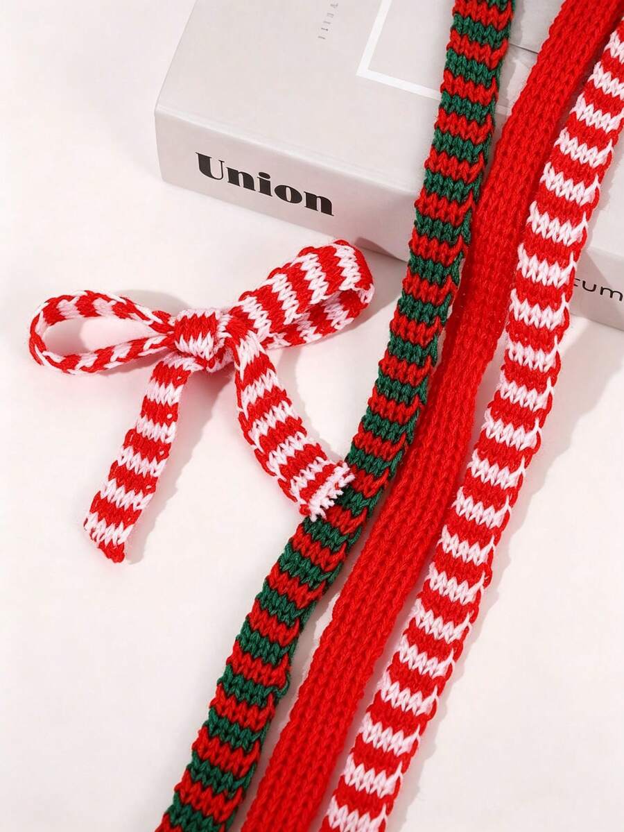 5m Red White Green Christmas Knitting Striped Knitted Ribbon, Red And White Striped Edged Unhemmed Fabric Accessory, Gift Wreath Bow DIY Handmade Decorative Ribbon, Gift Wrapping, Christmas Tree Decoration, Winter Indoor Holiday Decor Accessories - Multicolor - View 1