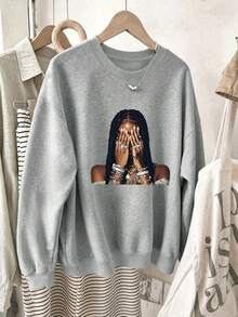 Women's Plus-Size Fashionable And Versatile Crew Neck Sweatshirt, Portrait Graphic Print, A Casual And Streetwear Top For Autumn And Winter. - Grey - View 6