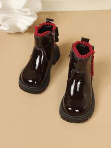 1 Pair Girls' Heart Rhinestone Ankle Boots, Thick Sole Princess Fashion Versatile Outdoor Wear For Autumn/Winter, Medium To Large Children - Burgundy - View 2