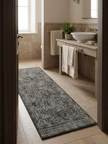 1PC Black & Grey Background With White Line Abstract Graffiti Line Pattern Modern Minimalist Art Long Rug, Abstract Street Style Faux Cashmere Long Rectangular Intertwined Asymmetrical Human Silhouette & Geometric Line Details Machine Washable Bedside Blanket, Suitable For Hallway, Corridor And Kitchen, All Season Home Decor - Multicolor - View 5