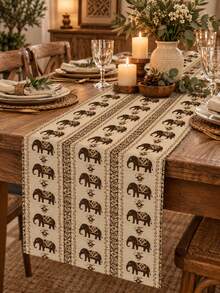 Bohemian Vintage Elephant Geometric Table Runner, Dining Tablecloth, Exotic Farmhouse Aesthetic Party Home Decor - Multicolor - View 2