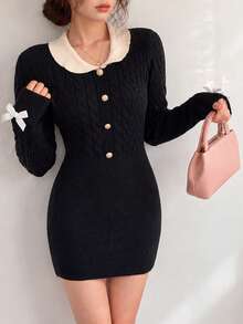 Women's New Knitted Long Sleeve Short Sweater Dress, Contrast Color Collar And Button Detail Design, Perfect For Creating A Slimming Winter Look - Black - View 3