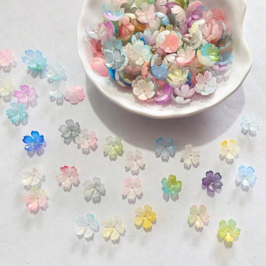 120pcs Magic‑Golden Two‑Tone Sakura Acrylic Through‑Hole Loose Beads For DIY Bracelet Phone Charm Keychain Craft Supplies - Multicolor - View 1