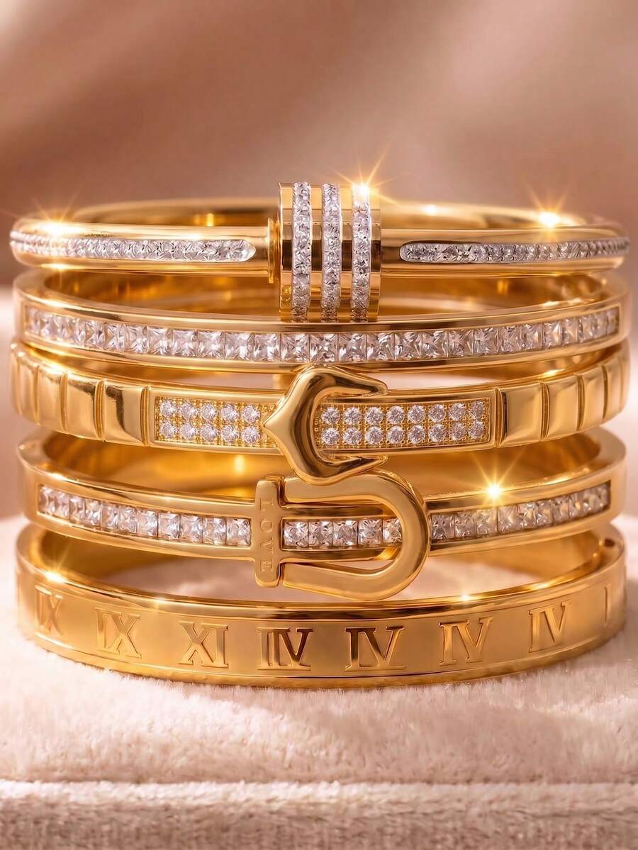5/1pcsLuxury Gold‑Tone Stainless Steel Stackable Bangle Set, Bring You Multiple Styling Options - Gold - View 1