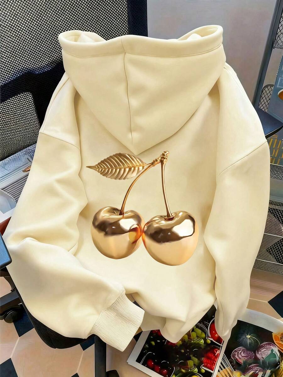 Tween Girl Fun Print Sweatshirt, Warm And Comfortable Thermal Lined Pullover Sweatshirt For Autumn/Winter - Apricot - View 1