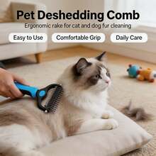 1pc 2-In-1 Pet Grooming Rake, Stainless Steel Undercoat Brush, Detangling And Deshedding Comb, Ergonomic Reusable Design, Gentle And Non-Irritating To Pet Skin, Summer Pet Hair Care Tool, Suitable For Cats And Dogs, Essential For Daily Home Pet Hair Cleaning, Gift - Multicolor - View 1