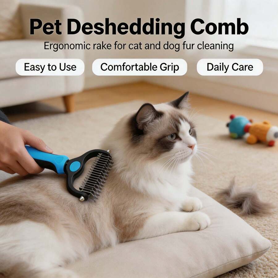 1pc 2-In-1 Pet Grooming Rake, Stainless Steel Undercoat Brush, Detangling And Deshedding Comb, Ergonomic Reusable Design, Gentle And Non-Irritating To Pet Skin, Summer Pet Hair Care Tool, Suitable For Cats And Dogs, Essential For Daily Home Pet Hair Cleaning, Gift - Multicolor - View 1