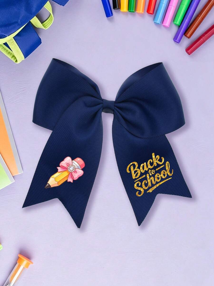 1 Pc Back To School Cartoon Pencil Print Big Bow Hair Clips, Preppy Style Ribbon Hair Barrettes, Sweet Student Hair Accessories For Kids - Pencil Style - View 1