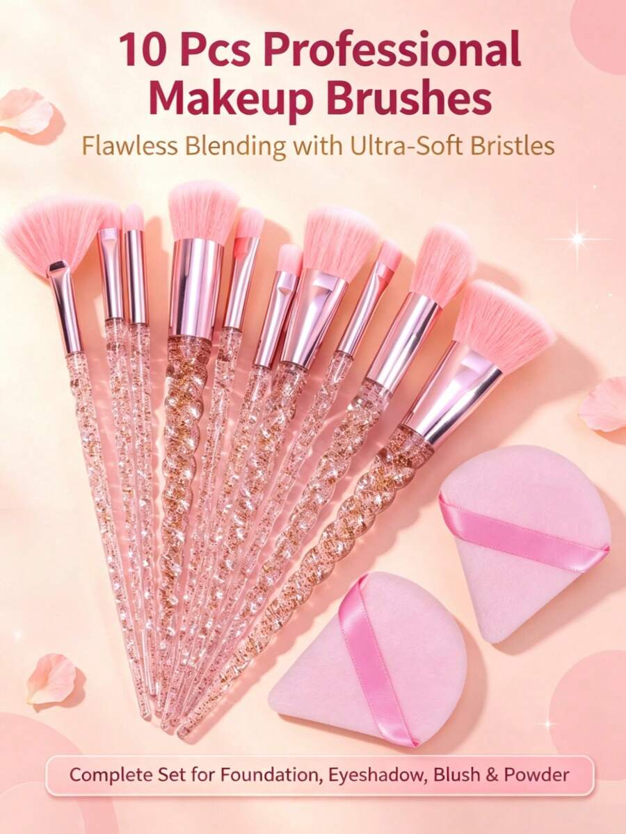 10pcs Professional Makeup Brush Set Pink Crystal Handle Foundation Brush Powder Brush Eyeshadow Brush Beginner Portable Full Set Makeup Tools - Multicolor - View 1