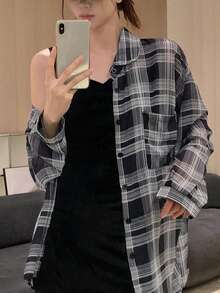 女士格子印花休闲长袖衬衫，随机裁剪，黑色夏季长袖上衣 - 黑色 - 查看 5