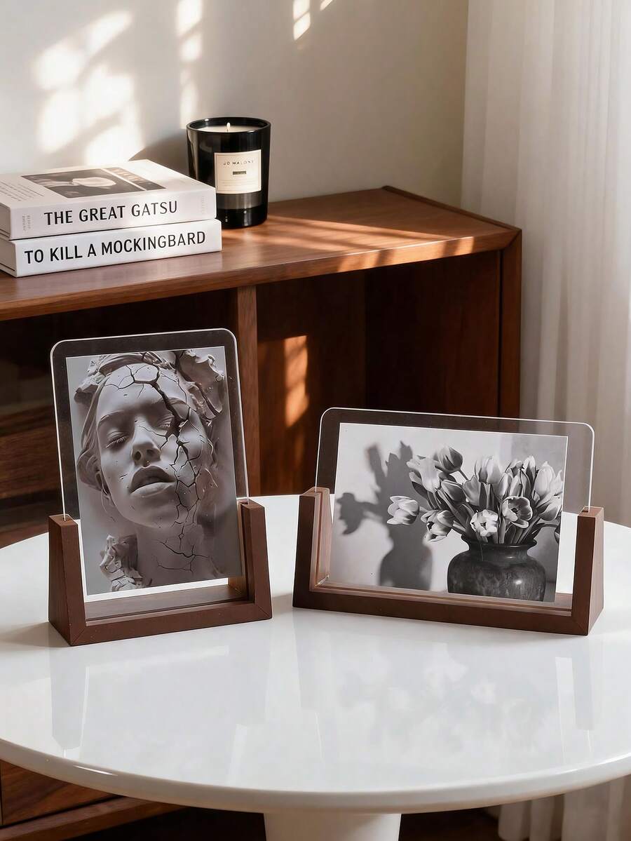 1pc Minimalist U-Shaped Wooden Base Acrylic Photo Frame, Freestanding Desktop Picture Holder, Modern Aesthetic Living Room Bookshelf Countertop Decor, Gift For Family And Friends - Walnut - View 1