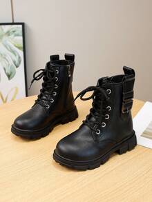 Girls Streetwear Kids Comfortable Metal Buckle Decor Glossy Functional Style Boots Black Boots Cool Girls Boots Suitable For Autumn/Winter Wear - Black - View 7