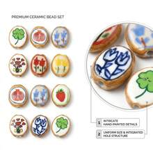 8pcs Hand-Painted Oval Mixed Pattern Ceramic Beads - Flat Oval Vertical Hole Decorative Beads With Multiple Patterns, Suitable For DIY Bracelets, Necklaces And Pastoral Style Jewelry Making - Color Mixing - View 3