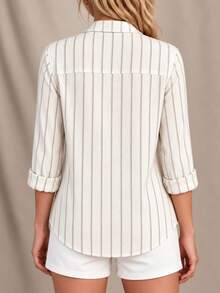 Women Linen Button Down Shirt Vertical Striped Roll Up Long Sleeve Casual Blouse Collared Work Tops - Apricot - View 2