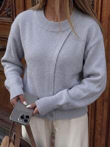 Sweater Anak Perempuan Musim Gugur/Dingin, Desain Asimetris, Warna Polos, Kardigan Rajut Lembut dengan Kancing di Bagian Bawah, Atasan Lengan Panjang dengan Bahu Jatuh Longgar - Grey - View 4