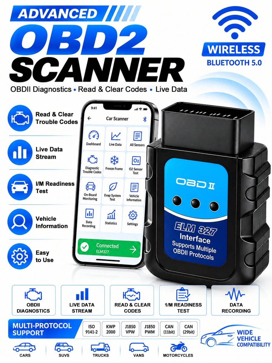 Wireless 5.2 OBD2 Scanner Car Diagnostic Tool, Features Real-Time Data Stream, Read/Clear Fault Codes, Free Updates, Compatible With IOS/Android Apps, Suitable For Vehicles Compliant With OBD2 Standards (1996 And Later), Provides Complete System Scan, Accurate Fault Detection, Real-Time Data And Advanced Functions To Ensure Your Vehicle Runs Smoothly, User-Friendly Interface, Essential For Your Car