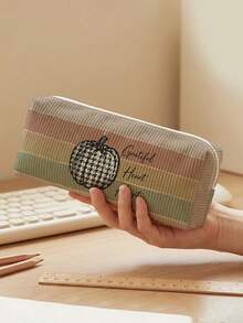 1pc Thanksgiving Pumpkin & Stripes Print Corduroy Pencil Case, Zipper Large Capacity Stationery Storage Pouch For Student School Daily Study - Multicolor - View 9