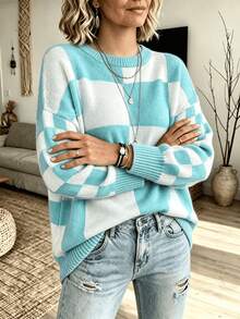 Plus Size Women Plaid Print Crew Neck Loose Casual Pullover Sweater, Autumn/Winter Fall - Mint Blue - View 7