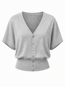[White Inner Not Included]1pc Solid Color Knit Button-Up Women's Grey Short Sleeve Cardigan For Daily Wear, Home, Birthday Party, Autumn/Winter Summer - Grey - View 2
