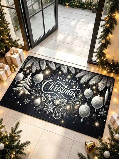 1 pieza Felpudo navideño premium negro y gris con bola de Navidad, copo de nieve y rama de pino, terciopelo cristalino, felpudo, alfombra pequeña, felpudo de bienvenida, alfombra, felpudo de suelo, felpudo exterior, alfombra de cocina, decoración del hogar, felpudo de puerta principal, alfombra de área, felpudo exterior, decoración del hogar, alfombra de área, alfombra de jardín, alfombra lavable