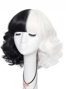 Black And White Dual-Color Half-Up Wig, High-Density Synthetic Fiber Curly Wig, Suitable For Halloween Costumes, Parties. Easy To Style And Maintain, Unisex, Vintage Vampire/Gothic Style, Wavy Design, Realistic Texture, Cosplay Enthusiast - Black and White - View 8