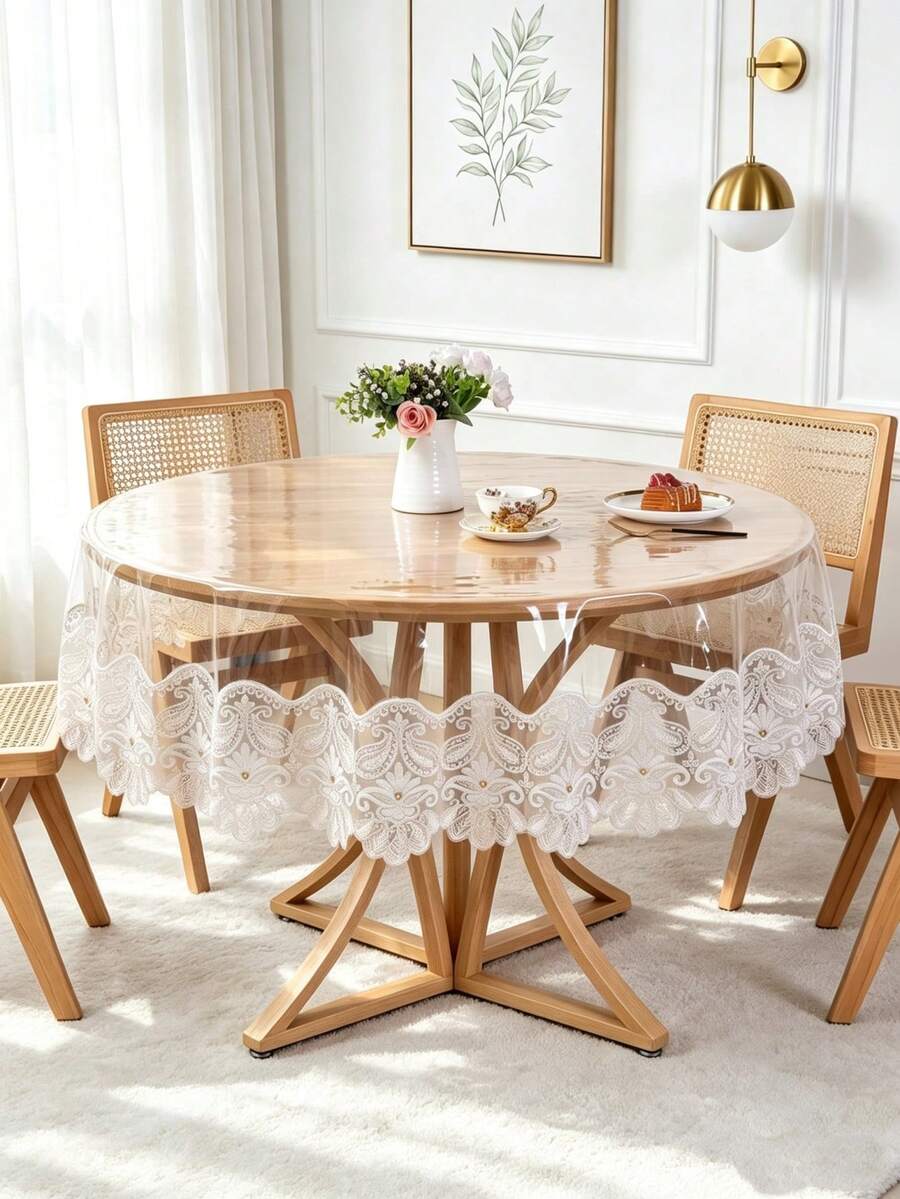 1PC Round Waterproof Transparent PVC Tablecloth, White Embroidered Lace Trim Transparent Table Cover, Suitable For Round Dining Table Decoration, Home Kitchen Decor - White - View 1