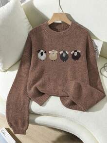 Plus Size Women's Knit Sweater, Lamb Pattern, Long Sleeve Crew Neck Regular Fit, Ideal Choice For Autumn Fall - Brown - View 2