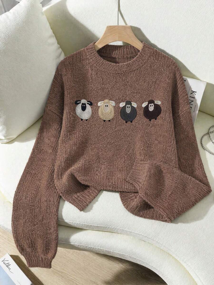 Plus Size Women's Knit Sweater, Lamb Pattern, Long Sleeve Crew Neck Regular Fit, Ideal Choice For Autumn Fall