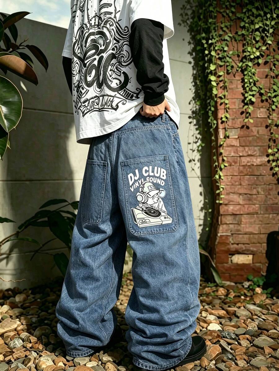 Men's Vintage Light Wash Big Pocket Wide Leg Jeans, Street Style Printed Loose Silhouette Denim Pants - Blue - View 1