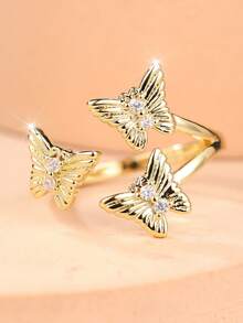 1 Exquisitely Set Cubic Zirconia 3D Butterfly Open-Faced Women's Ring-Perfect For Everyday Wear, Commuting, And Dates - Yellow Gold - View 2