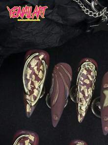 10片手工全覆蓋尖形穿戴甲，紅紫色啞光面，3D金色浮雕星星設計，Y2K奢華巴洛克風，可拆卸甲片附果凍膠與指甲锉，適合日常配戴、浪漫晚餐與晚間出遊 - 中紫紅色 - 查看 5