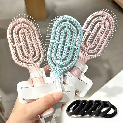 Mini Rib Comb, (1pc Rib Comb + 6pcs Hair Ties) Women's Long Hair Air Cushion Comb With Massage Airbag For Scalp And Curly Hair, Portable For Home Use, High Crown
